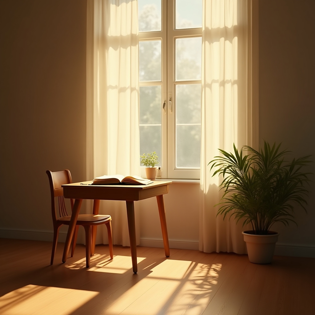 Sonnendurchfluteter Schreibraum mit leerem Tisch, Notizbuch und Stift am Fenster