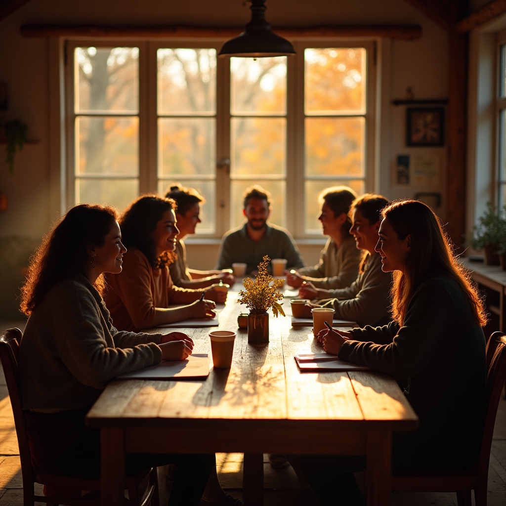 Gruppe von Erwachsenen sitzt gemeinsam an einem langen Tisch im Herbstlicht
